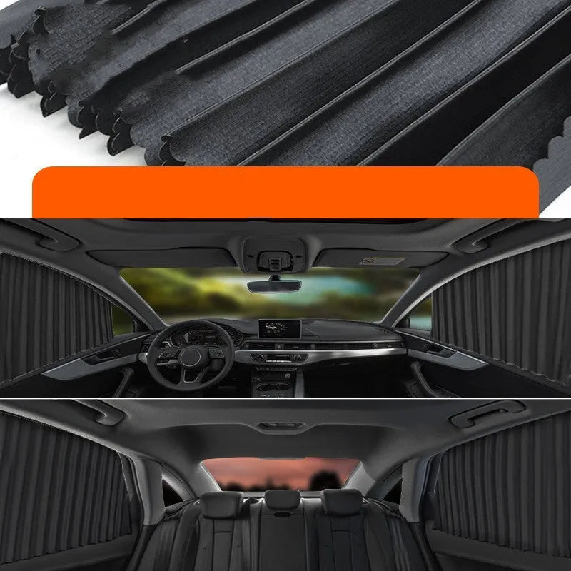 Auto retractable car sunshade in black colour showing roller shutter mechanism