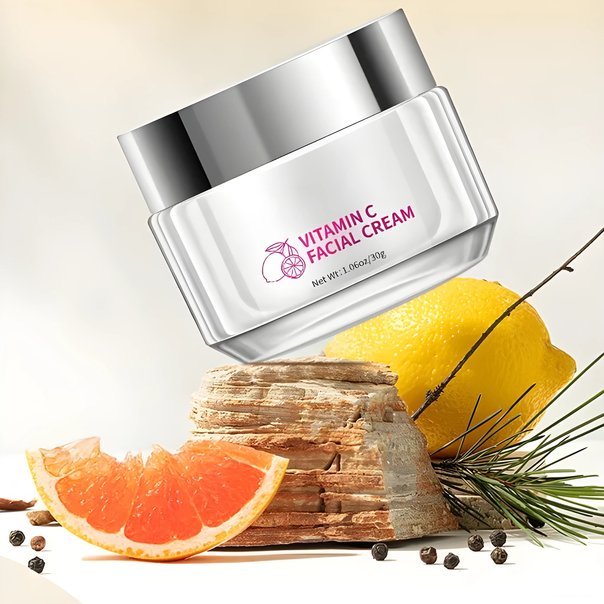 30g jar of universal vitamin C face cream showing compact 6cm size.