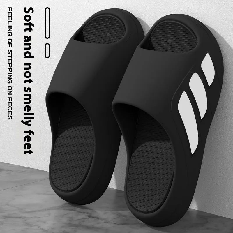 EVA platform slippers with injection moulded sole and letter design in two-tone colour options