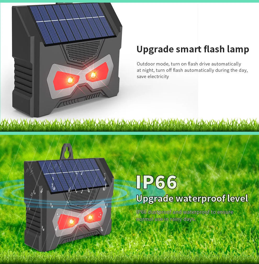 Black solar powered ultrasonic animal repeller outdoor device with flashing LED lights for garden pest control