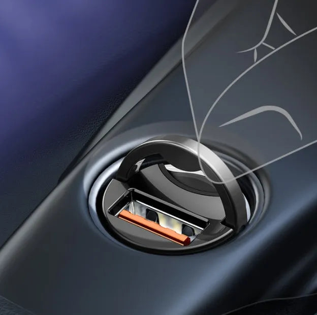 Baseus Huixiaoxing grey 30W car charger with 1-metre cable plugged into vehicle socket