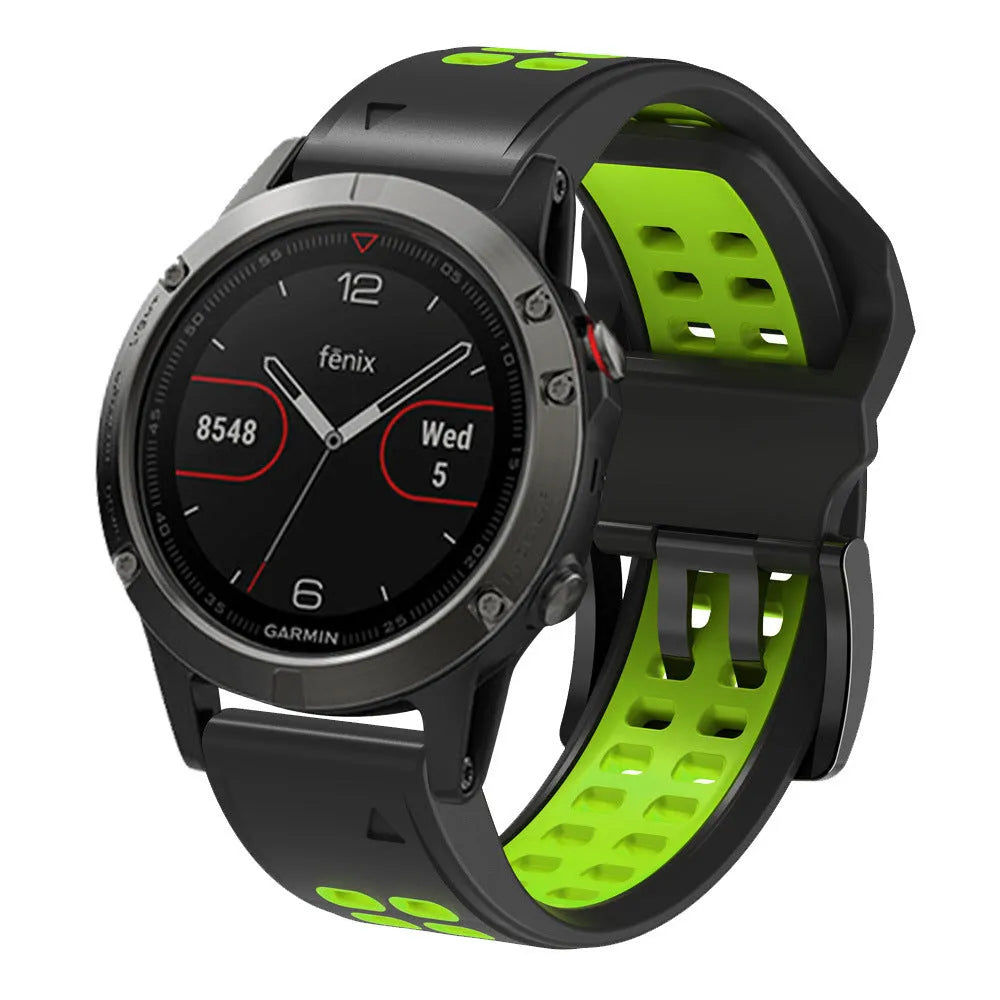 Quick release two-colour silicone watch strap shown in a sporty style with pin buckle