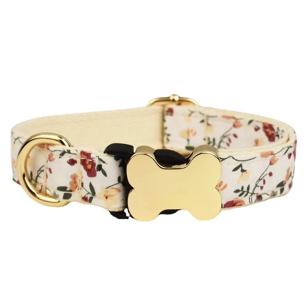 Flat fabric dog collar with printed grid pattern and bone-shaped buckle clasp