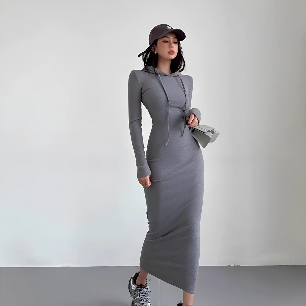 Women's long sleeve hooded sheath dress in light grey, shown over-the-knee length.