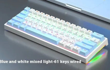 Bluish-black 61-key mechanical keyboard with hot-swappable switches on a desk
