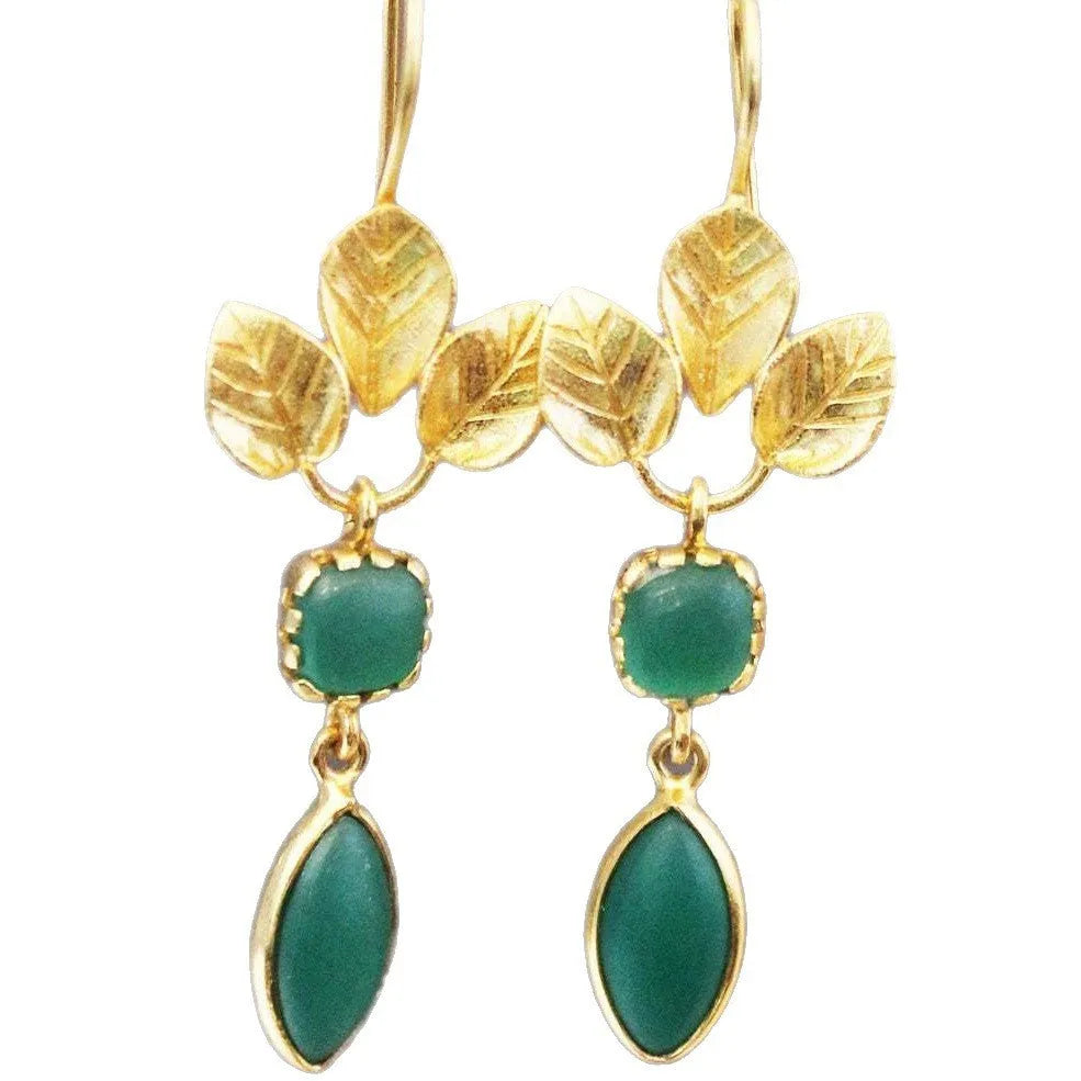 Gold tone retro drop earrings with a French leaves tassel and zircon detail.