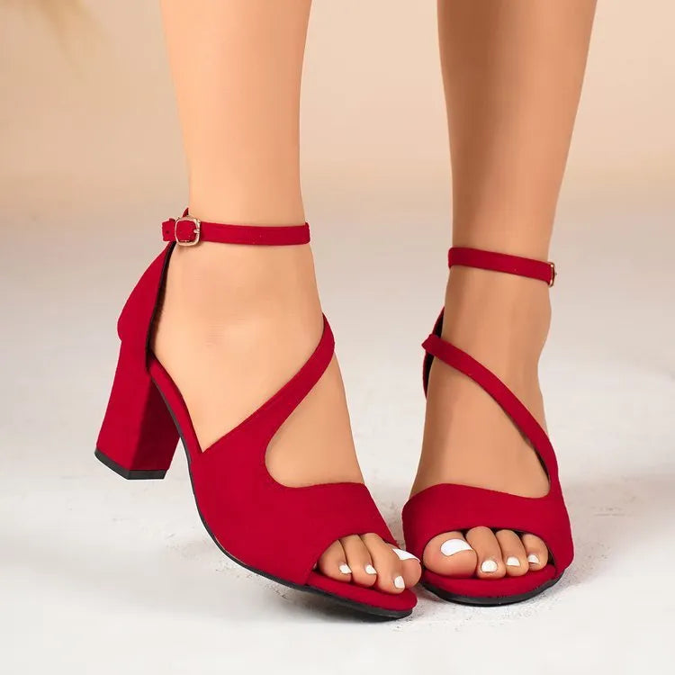 Women's Roman chunky heel sandals with buckle in beige showing PU upper and rubber sole