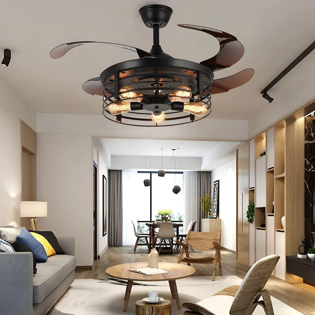 American retro style industrial wind invisible ceiling fan lamp with acrylic shade and remote control