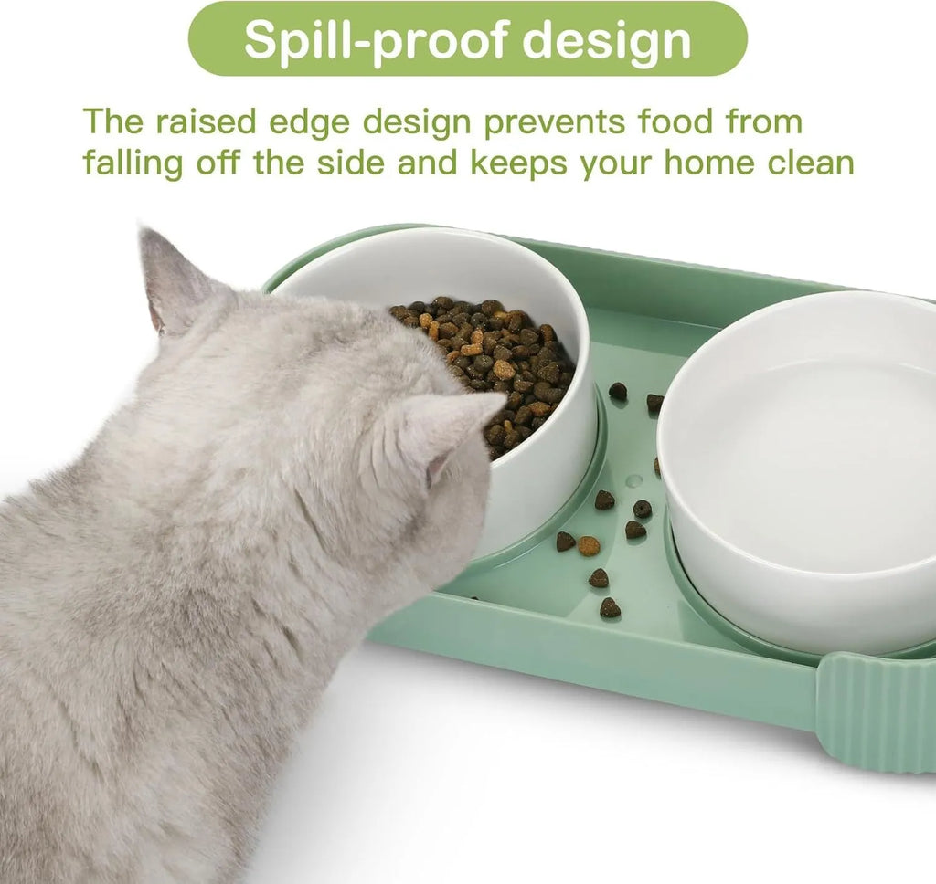 Ceramic elevated cat bowl set with tilted design and anti-spill rim in three colour options