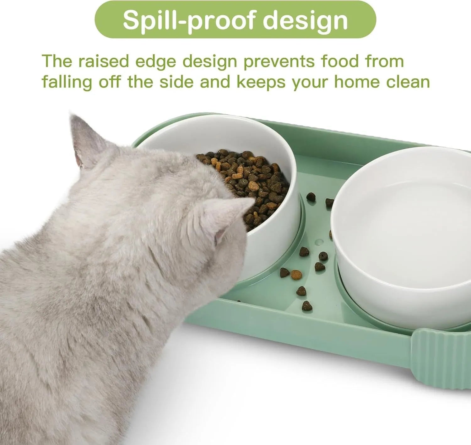 Ceramic elevated cat bowl set with tilted design and anti-spill rim in three colour options