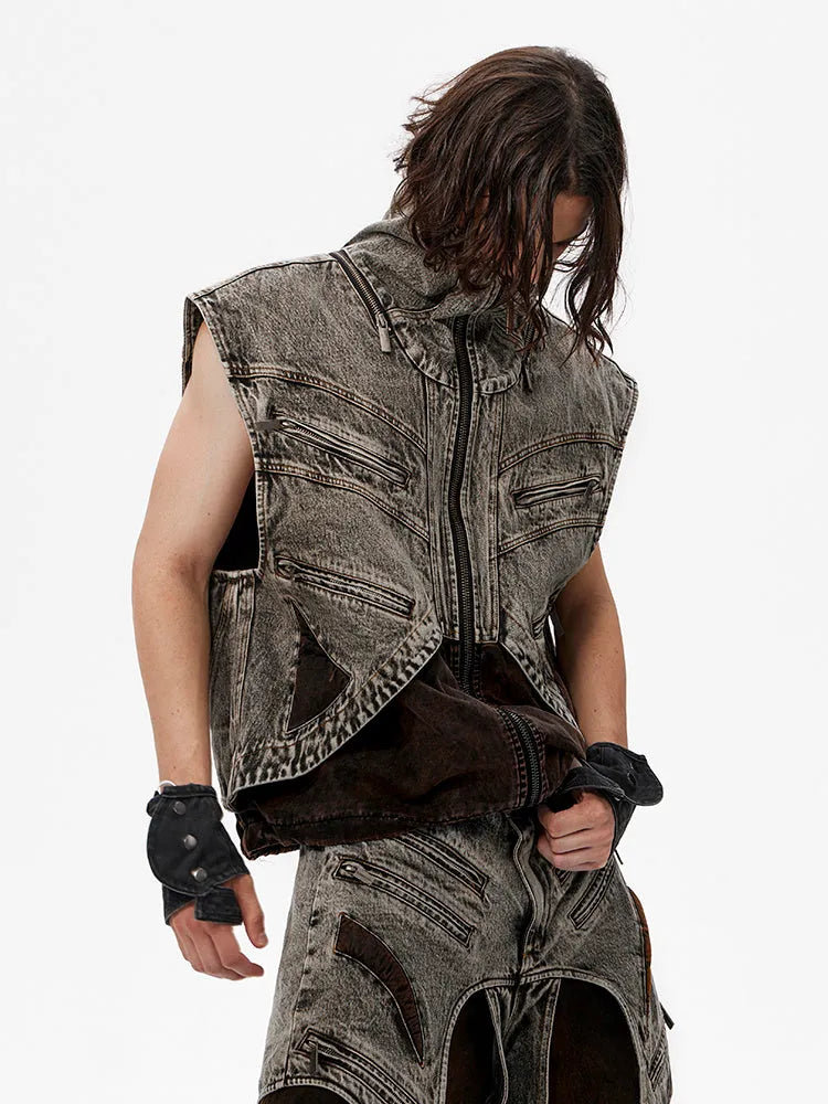 Men's denim vest jacket with zipper front closure in sleeveless summer style