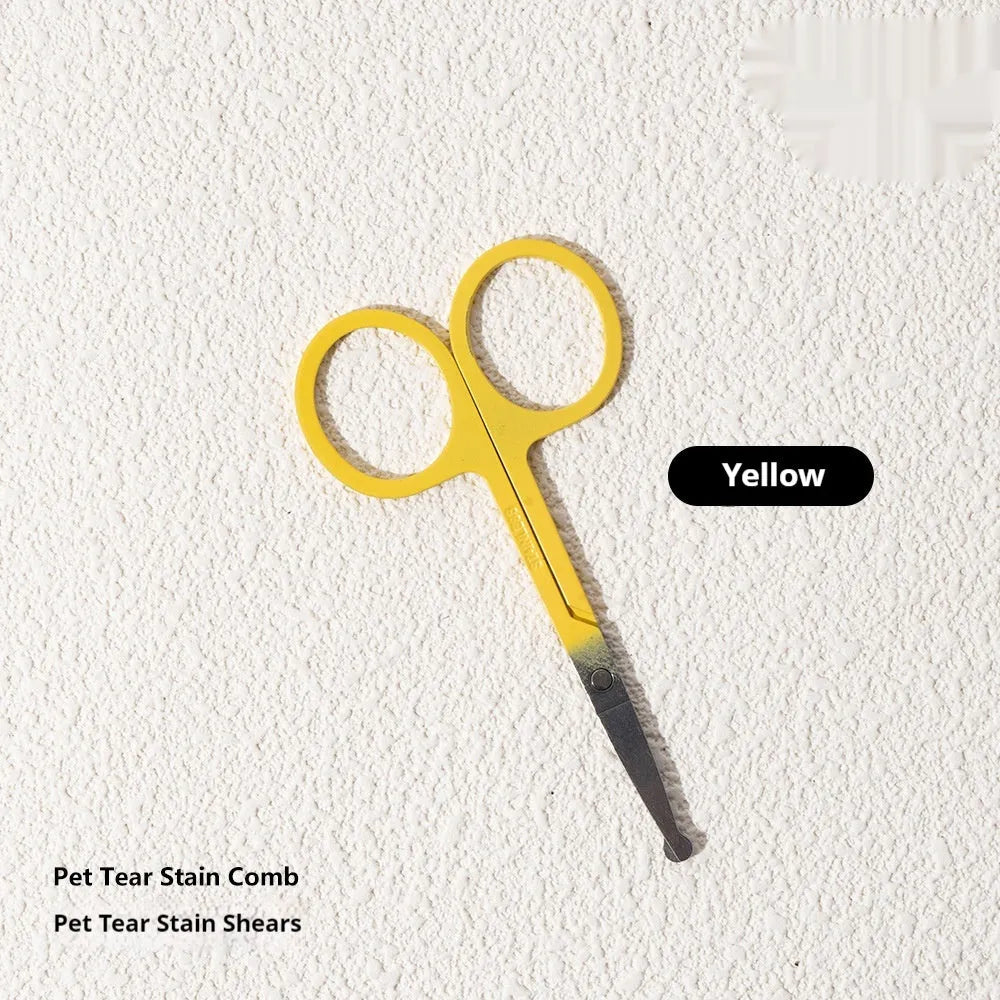 Black ABS plastic pet tear stain comb and scissors set on white background