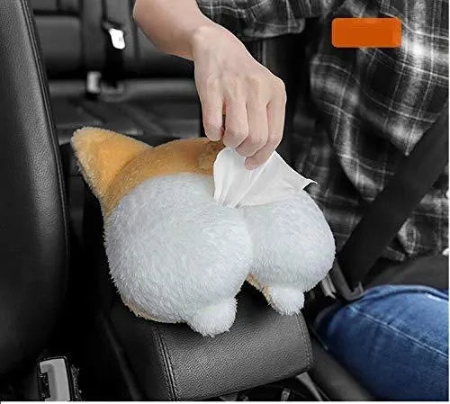 Yellow corgi butt shaped fabric pouch for holding a tissue box, shown with elastic strap for hanging.