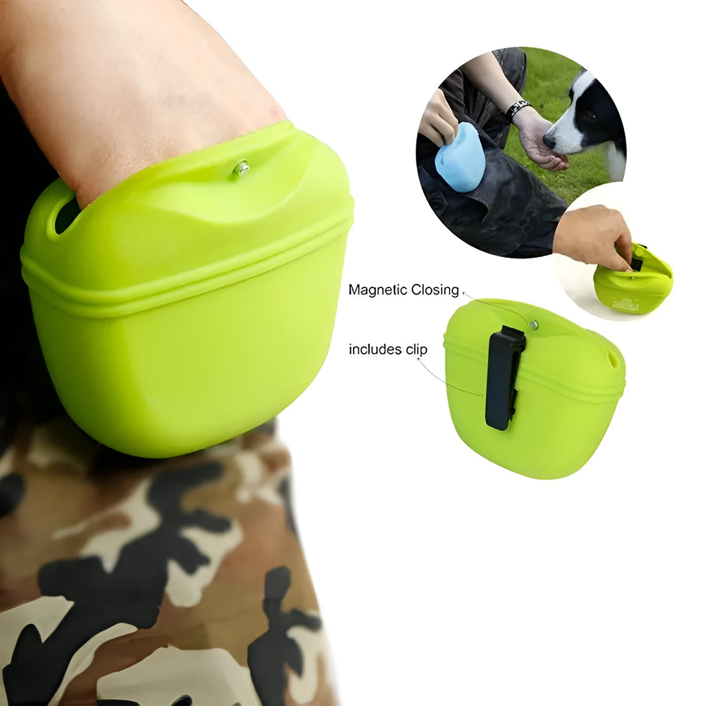 Silicone dog treat training pouch with clip and magnet closure in assorted colours
