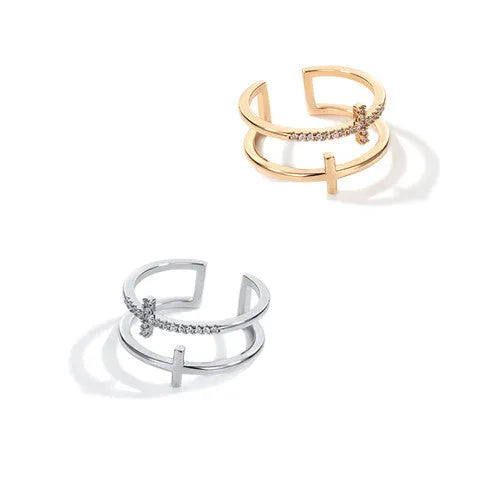 Women's adjustable copper ring with double cross design and zircon stones in white gold finish