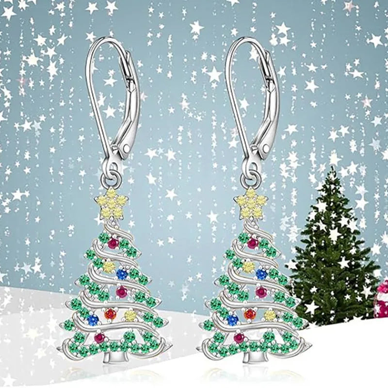 White gold colour Christmas tree and star design pendant earrings for women