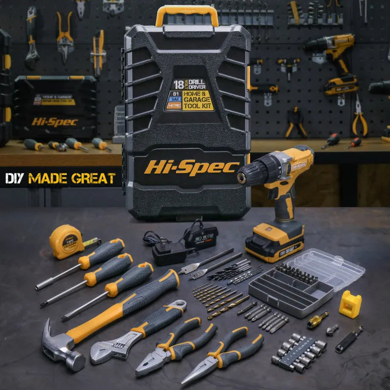 Grey yellow 82-piece chrome-vanadium steel tool combo set in a case for furniture installation.