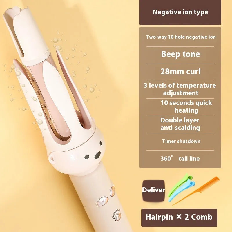 Beige anion automatic hair curler with wired power supply and hair stick accessory
