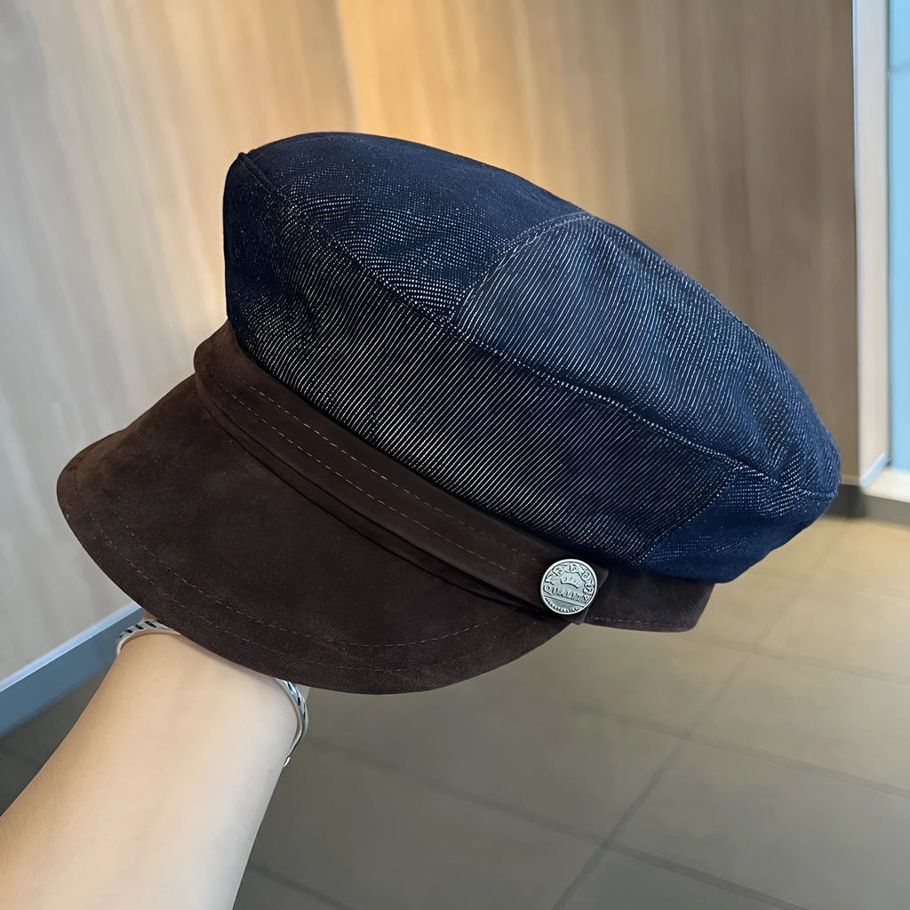 Dark blue denim octagonal newsboy hat with adjustable band and colour trim brim options