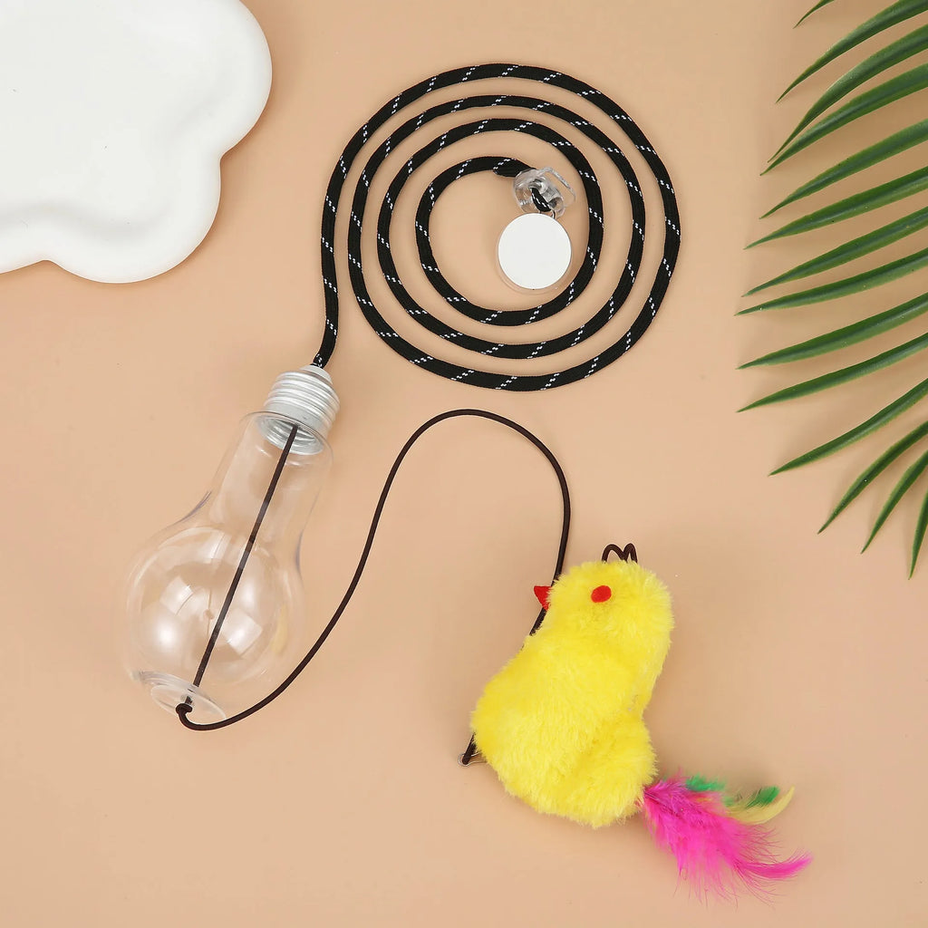 Interactive cat toy with elastic cord, dangling mouse and chicken toys, and treat dispenser bulb