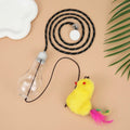 Interactive cat toy with elastic cord, dangling mouse and chicken toys, and treat dispenser bulb