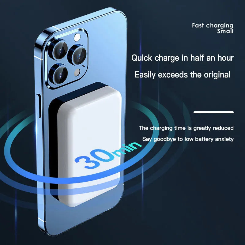 Pink magnetic wireless power bank with 20000mAh capacity showing dimensions 100x64x18mm