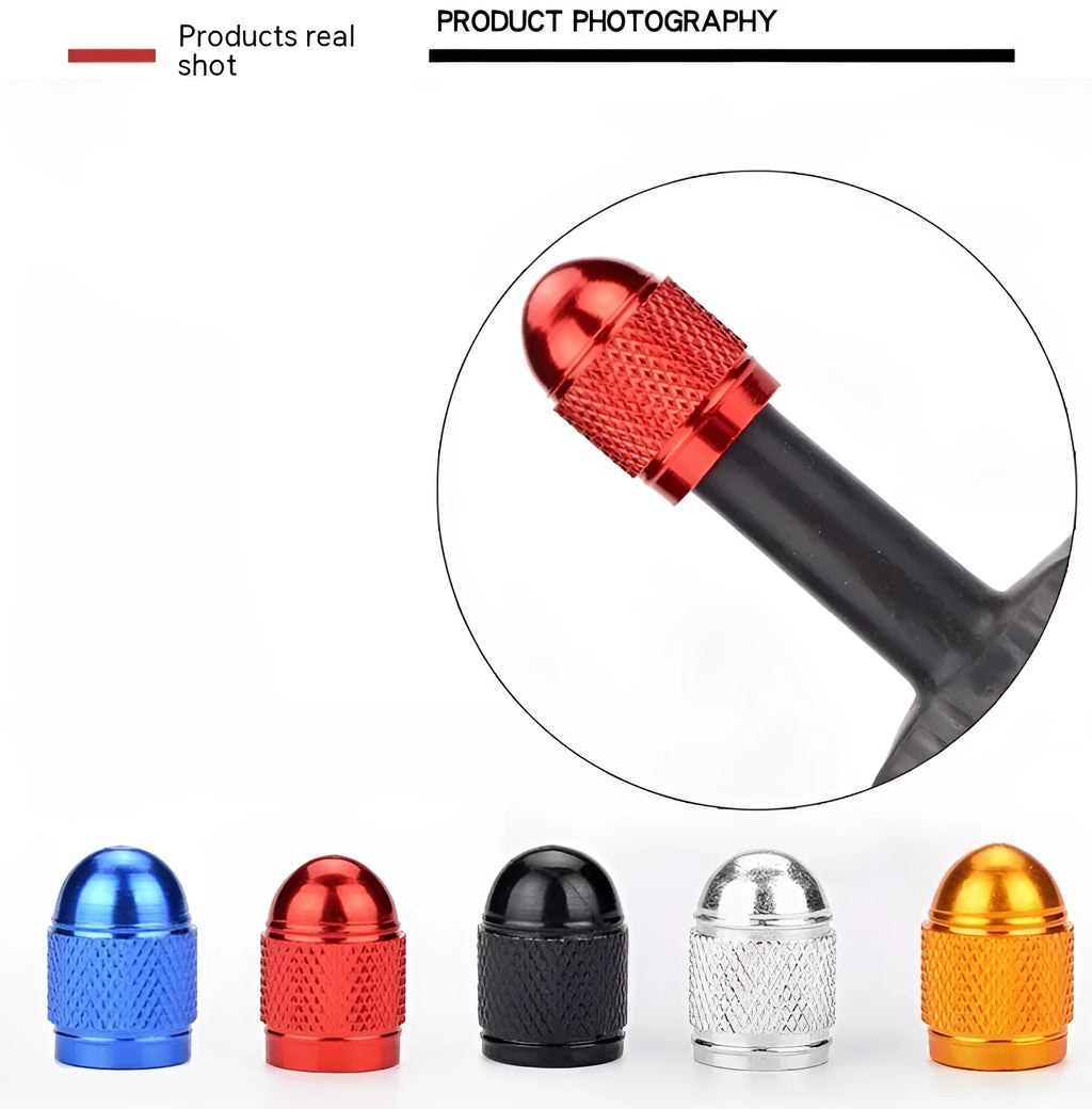 Aluminium mountain bike tyre valve cap shown in five colour options: black, blue, gold, silver, and red.