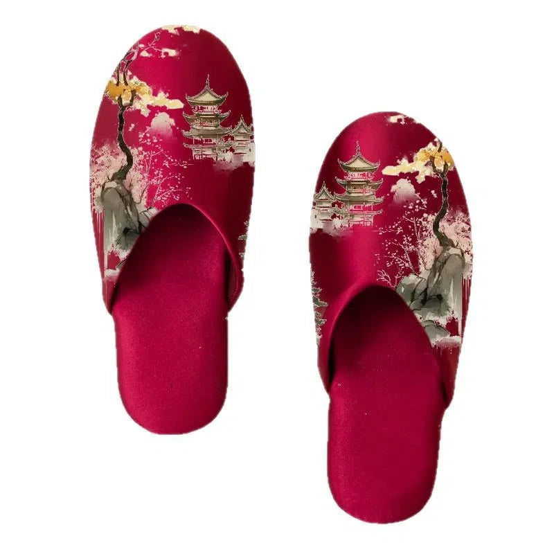 Women's non-slip printed fabric slippers with satin upper and cotton inner, available in multiple sizes and colours