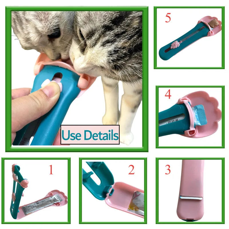Green and pink pet food squeezer scoop for dispensing liquid food and treats