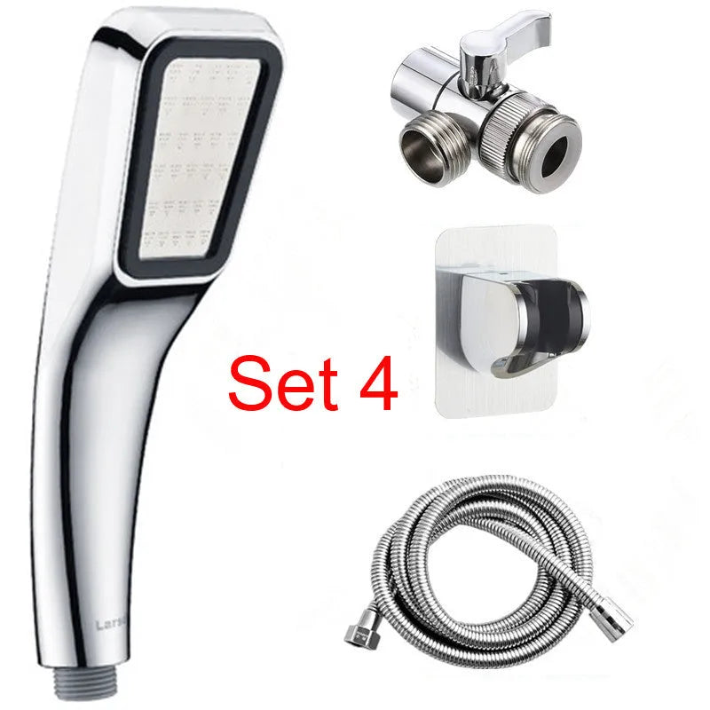 Orange hand-held pressurised shower head with rain function, part of a complete shower set