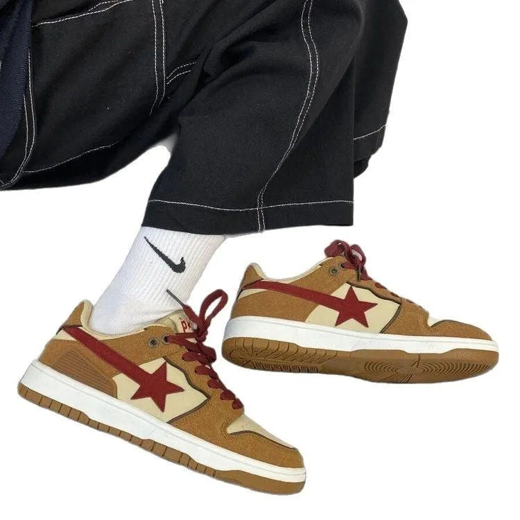 Brown women's platform sneakers with sequin details and a lace-up front.