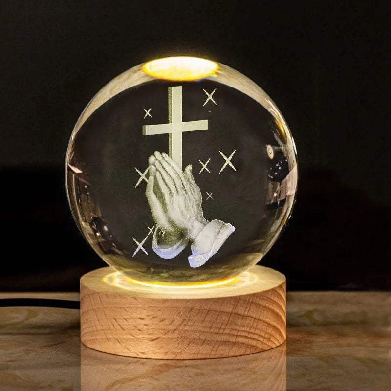 White crystal ball church desk ornament lamp with solid wood warm light base