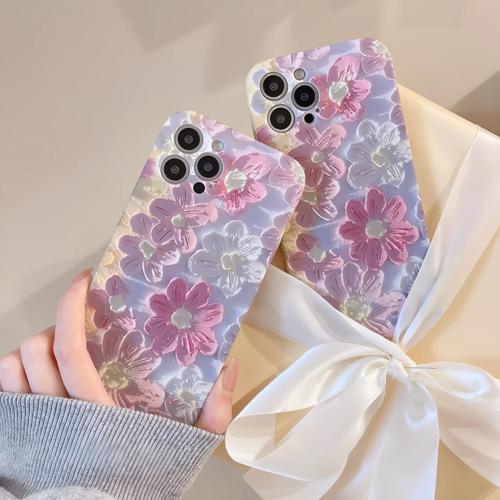 Pink silicone liquid oil painting flower phone case rear cover for iPhone