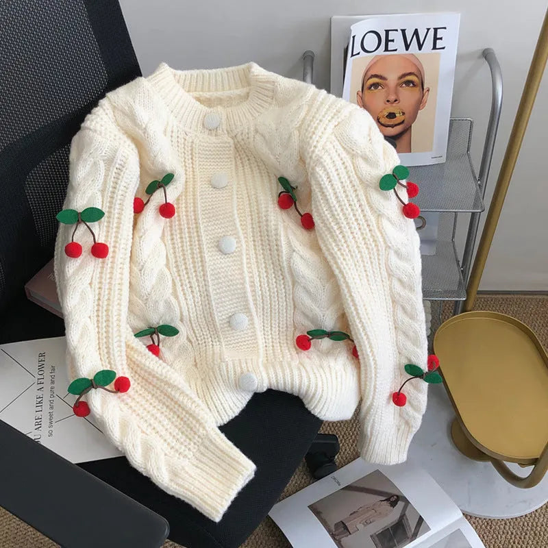 Cherry pattern loose lazy sweater in white with 3D cherries and long sleeves