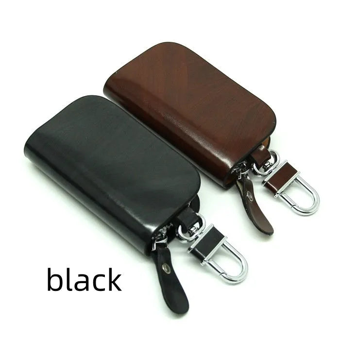 Genuine cowhide leather car key case with frosted finish in black and brown colours.