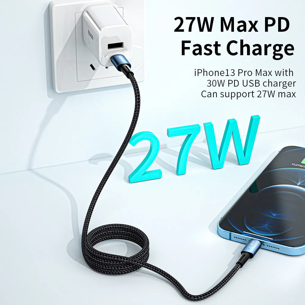 27W PD fast charging cable in black with aluminium alloy connector and LED indicator