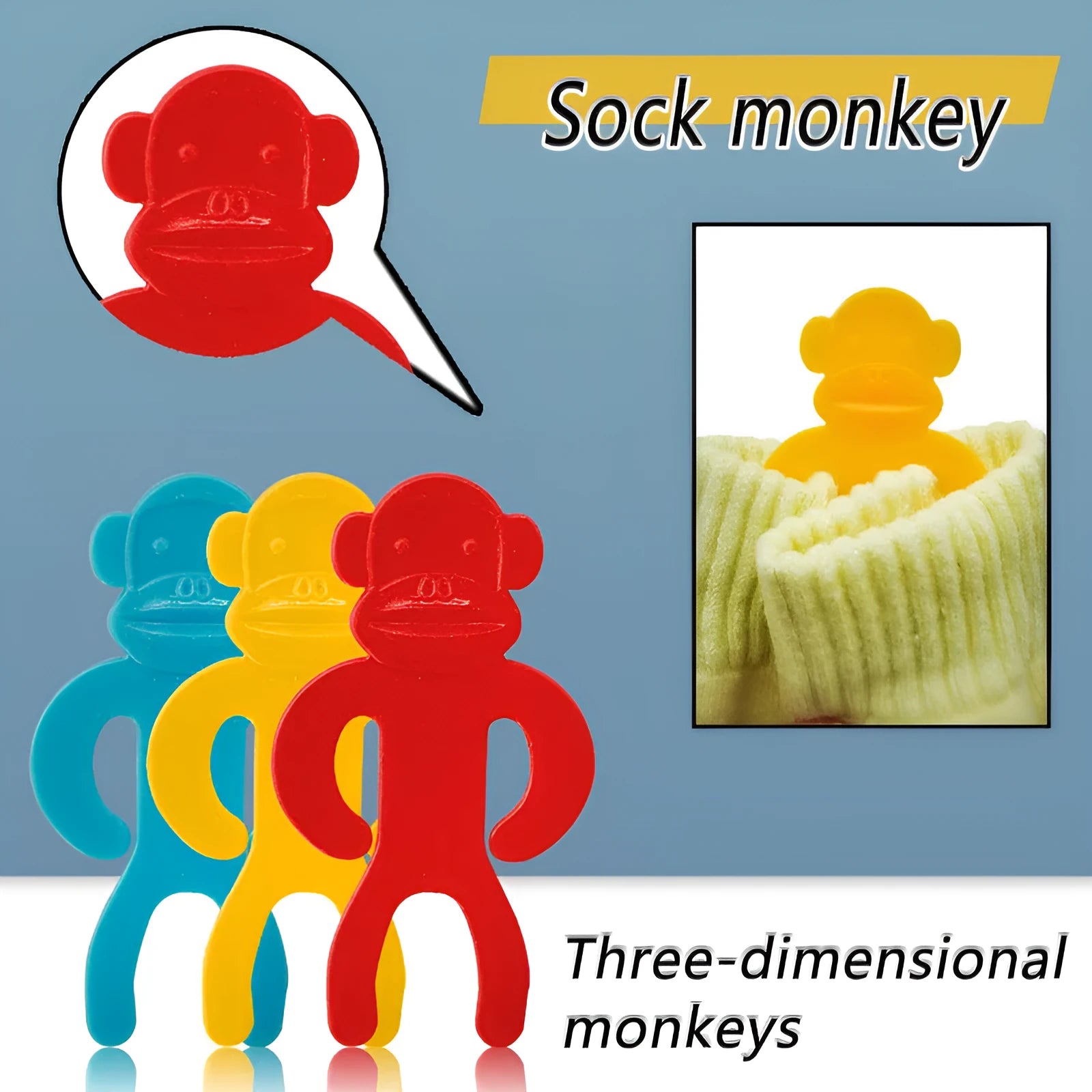 Plastic anti-winding socks clips in blue, yellow, and red colours for laundry organisation