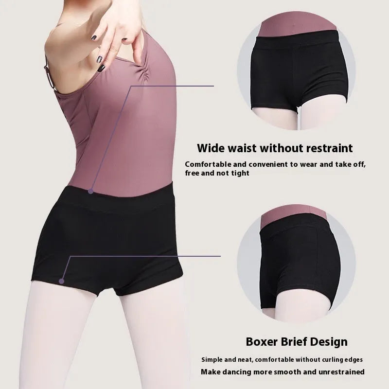 Black cotton women's dance shorts for ballet practice and fitness exercise.