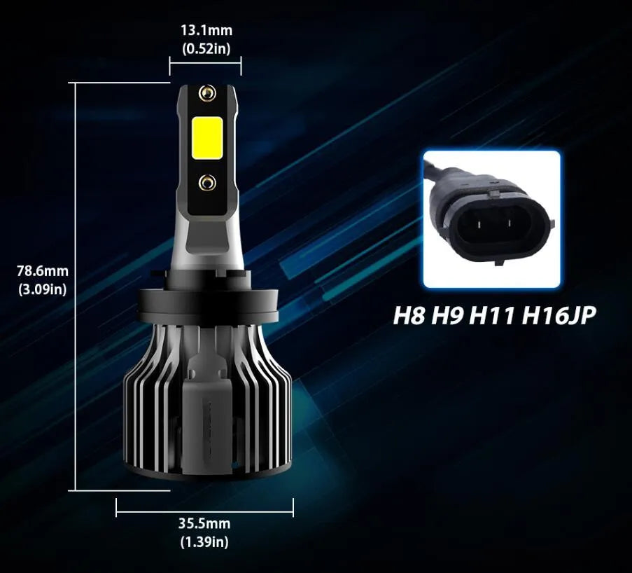 6000K white LED car headlight bulb kit showing compact size and connector for H7 H11 9005 fitments