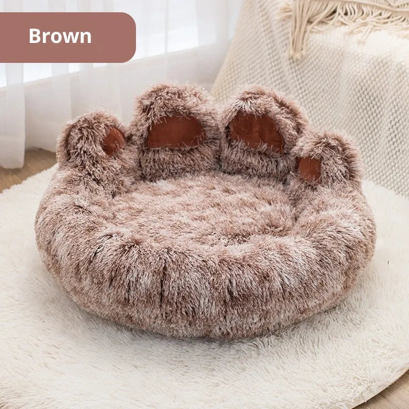 Plush two-colour thickened pet bed for dogs with hand-shaped brush nest texture, available in multiple sizes