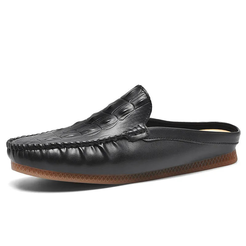 Men's black breathable Gommino semi-slippers with artificial PU upper and rubber sole.