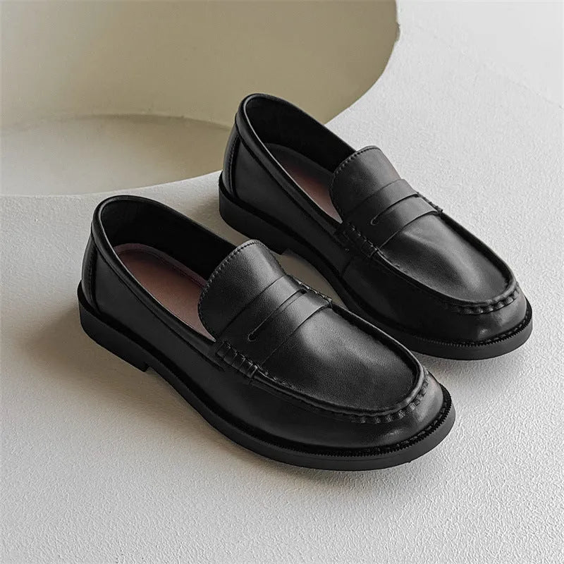 Men's slip-on casual loafers in microfiber leather, shown in black, beige, apricot, and brown colour options.
