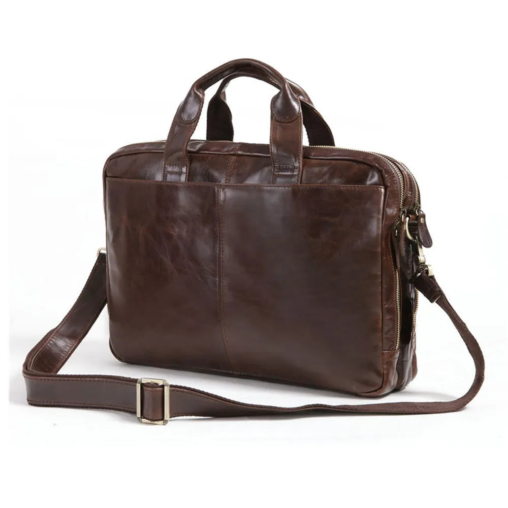 Brown men's business briefcase made from first-layer cowhide leather with 18-inch laptop compartment
