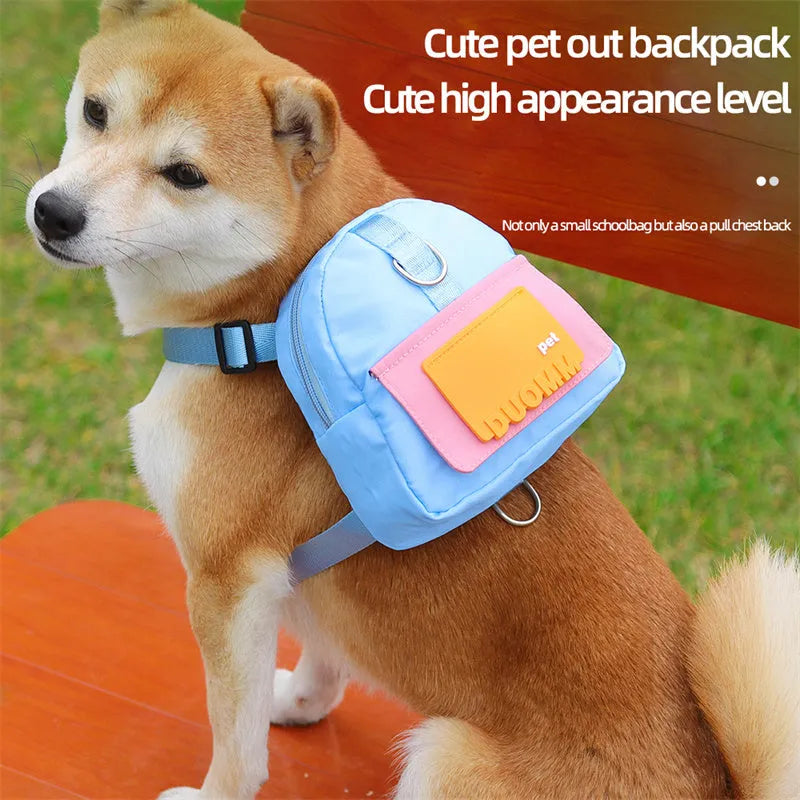 Blue adjustable dog harness with integrated backpack and attached tow rope on a medium-sized dog
