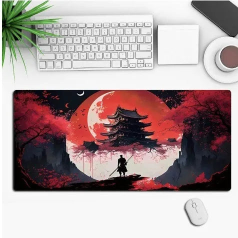Large custom anime print gaming mouse pad on a desk with keyboard and mouse.