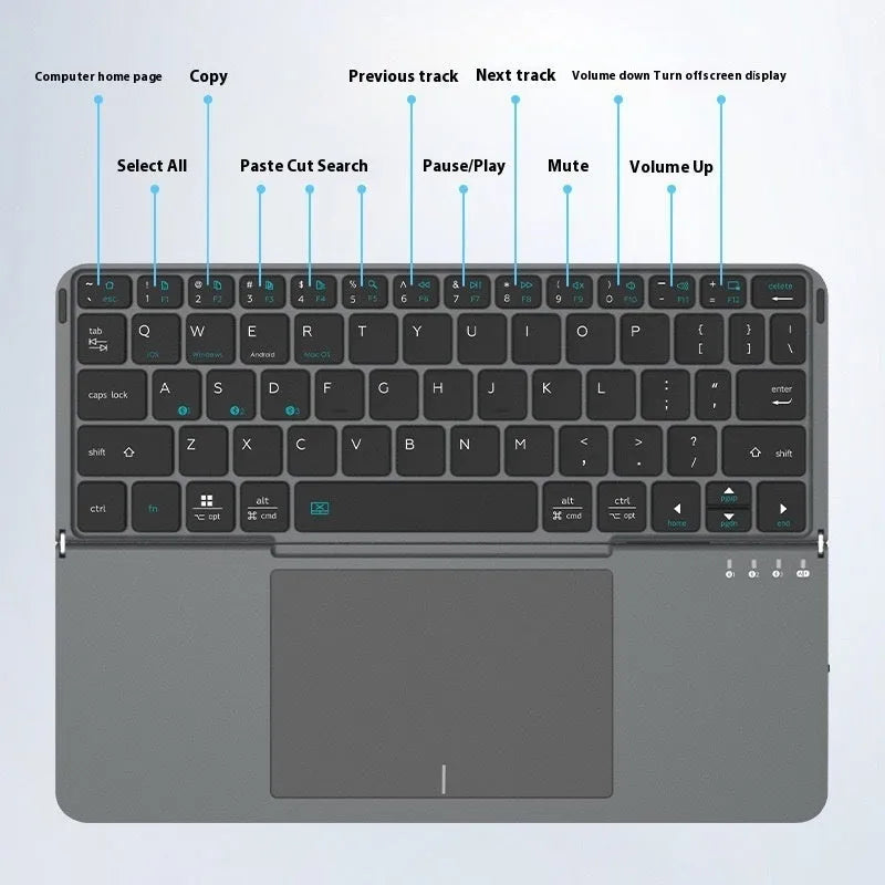 Grey wireless Bluetooth folding keyboard shown in open and closed positions for use with phones and tablets.
