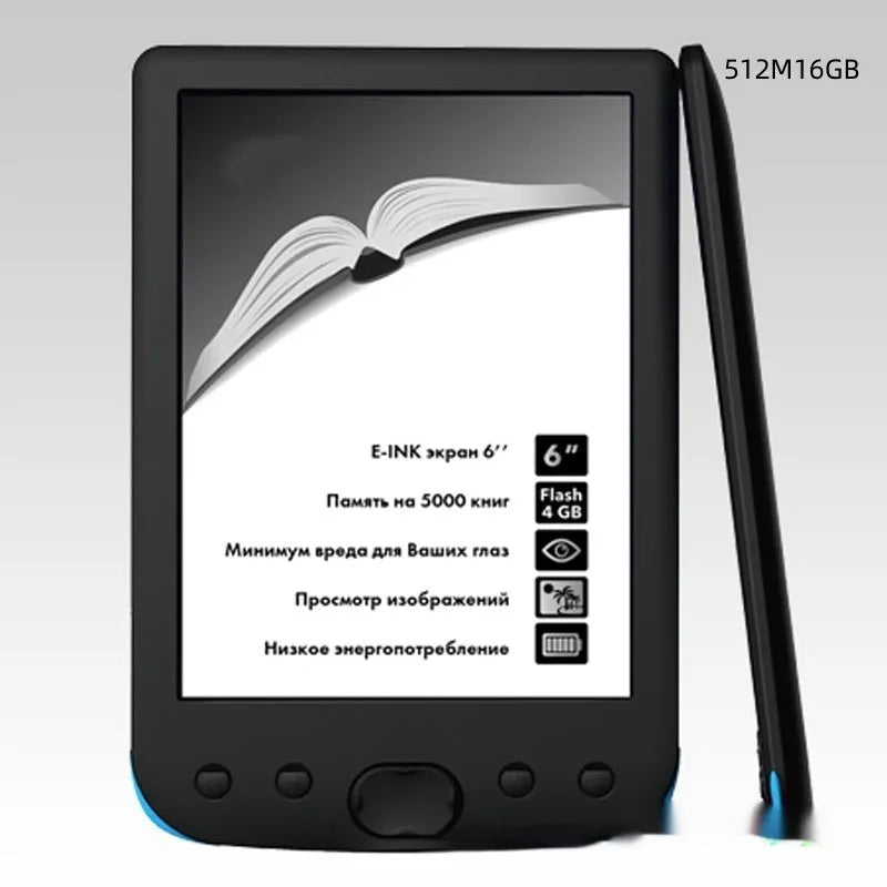 Black 6-inch e-book reader with E-ink screen and anti-glare display showing book text