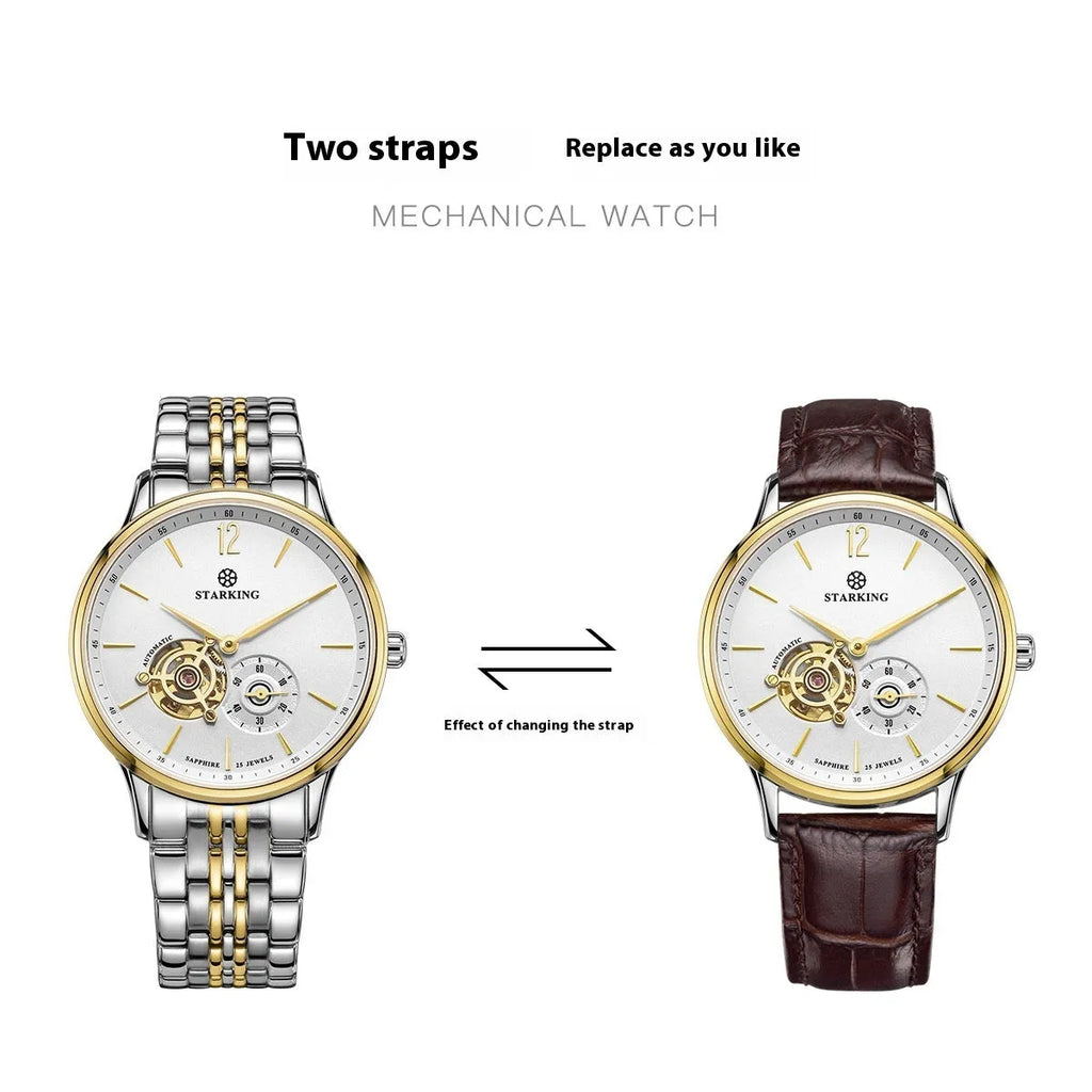 Automatic mechanical men's business watch with hollow three-needle dial on brown leather strap