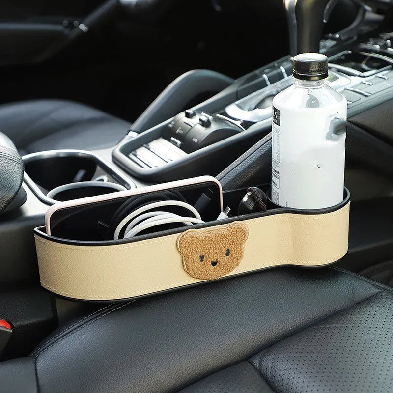 Leather car seat gap storage box with cartoon bear design for holding phone and keys