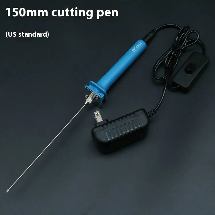 Blue plastic-handled electric hot knife cutter pen for foam with multiple blade sizes and power adapter